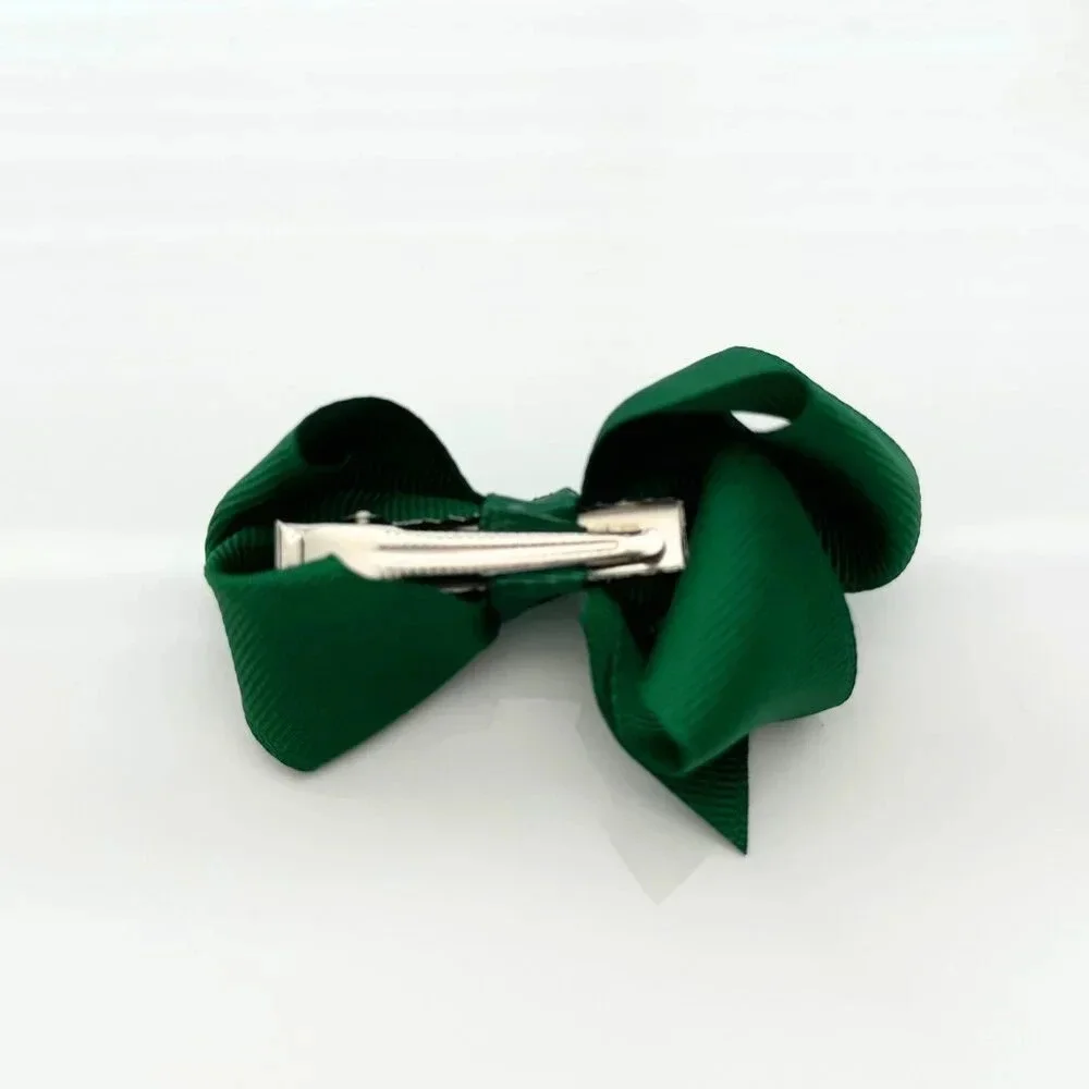 Set of 2 Pretty Girls Hair Bows Grosgrain Ribbon Hair Clips Accessory Dark Green